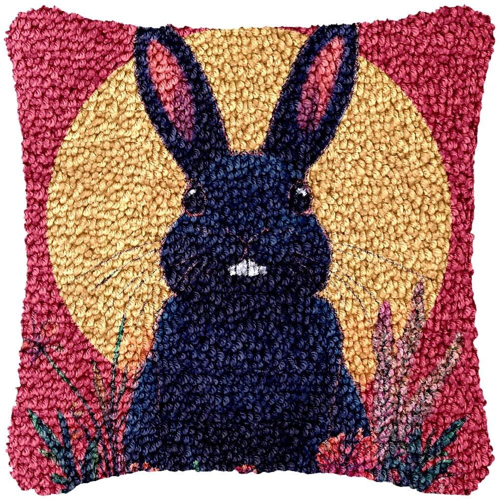Minimalist Bunny & Moon Latch Hook Pillow Kits DIY Pillowcase Cushtion Cover Crochet Hooking Pillow Making Kits with Color Pattern Canvas Crochet Hooking Kits Pillow 43x43cm(j86)