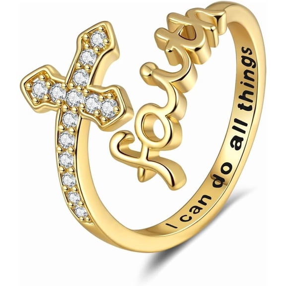 Minimalist CZ Cross Faith Open Band Rings for Women Silver Gold-Toned Adjustable Stacking Sword Cubic Zirconia Wrap Finger Rings Expandable Comfort Fit Simple Crystal Halloween Jewelry
