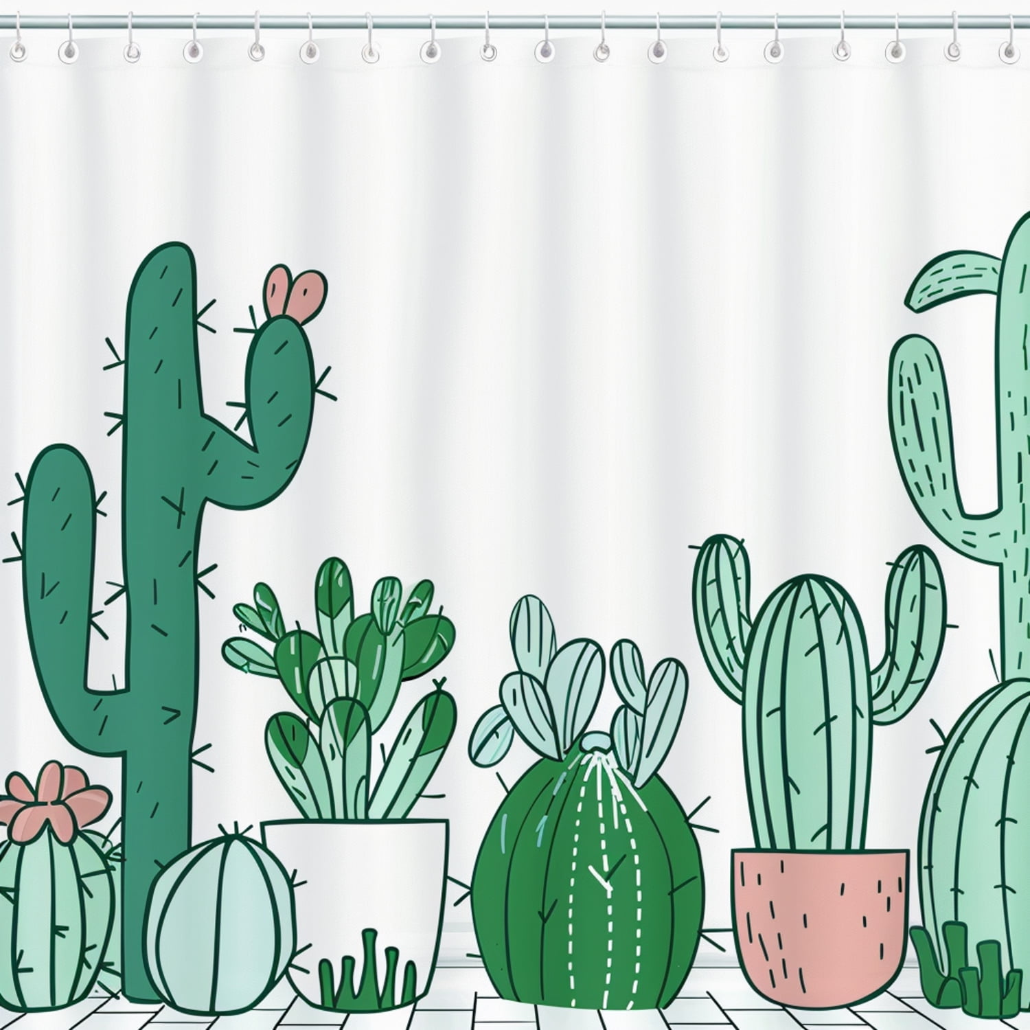 Minimalist Cactus Bathroom Shower Curtain with Cute Cartoon Design in