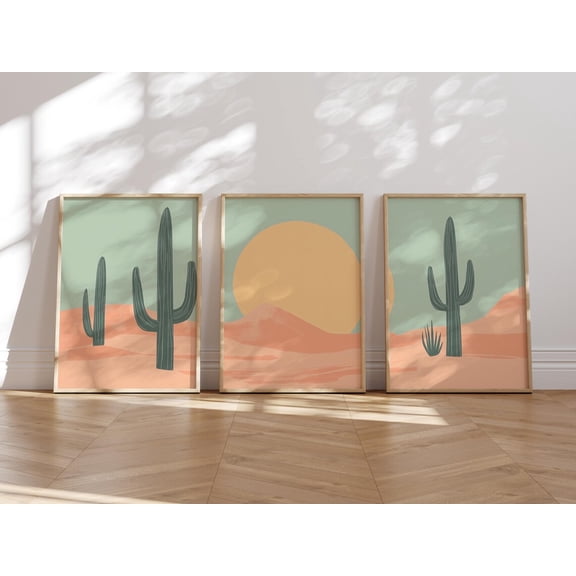 Minimalist Cactus Sunset Art Print Boho Desert Decor Modern Nature Southwestern Home Set 3 Stretched Canvas 16x24