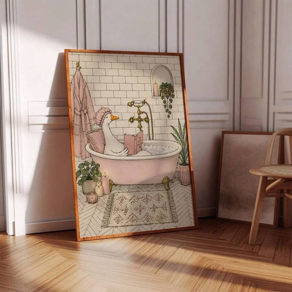 Minimalist Canvas Print Boho Wall Art 1pc Framed/Unframed Goose In The Bathtub Funny Bathroom Art Canvas Poster Boho Cute Animal Duck Wall Art Print Toilet Room Coquette Decor Scroll Painting Fo