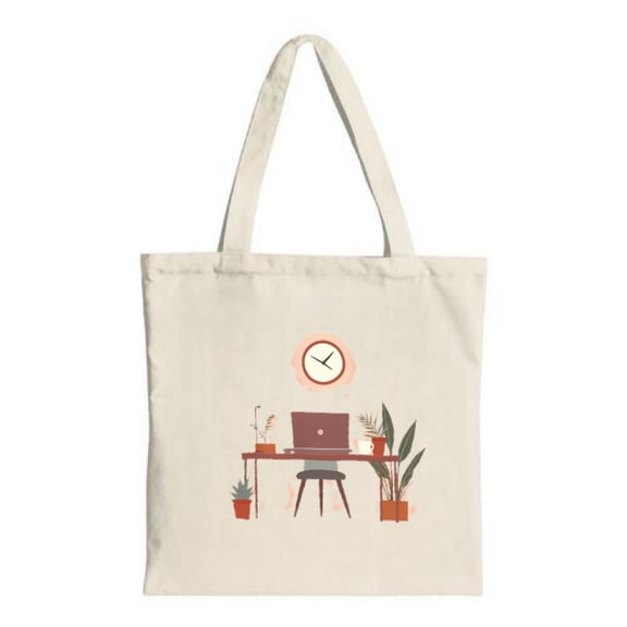 Minimalist Canvas Tote Bag with Desk Setup Design - Features Laptop Clock at 10:10 and Potted Plants - Perfect for Shopping and Travel