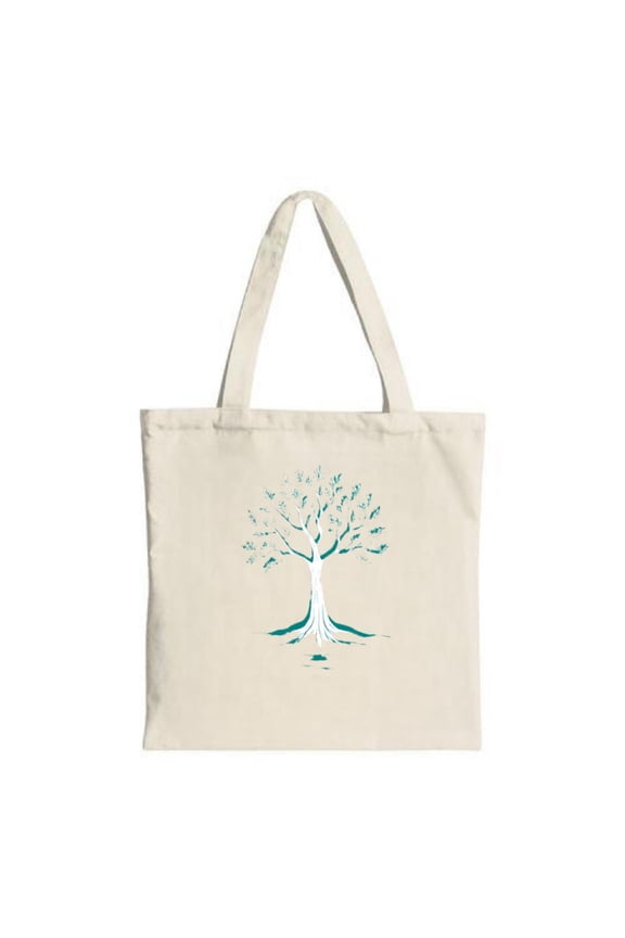 Minimalist Canvas Tote Bag with Teal Leaf Tree Design Reflective Base - Perfect for Shopping Travel and Parties
