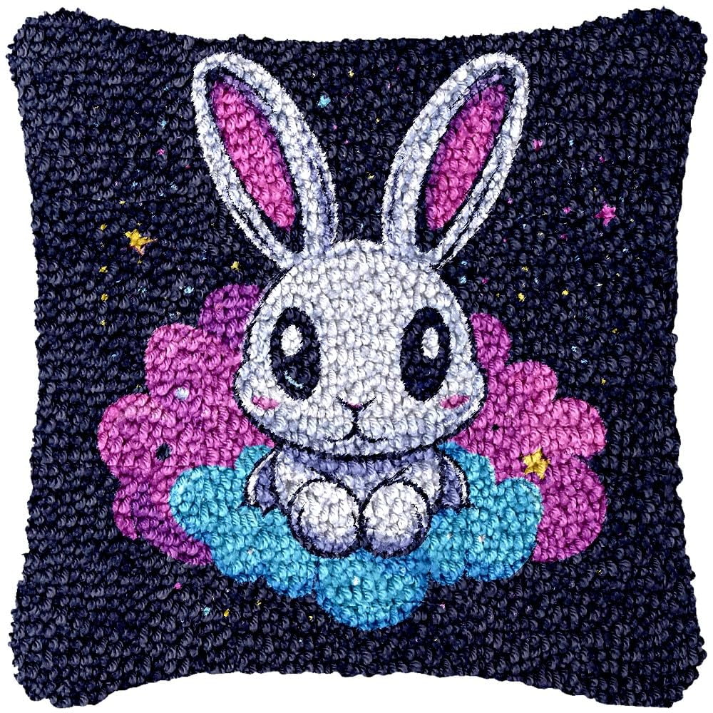 Minimalist Cartoon Bunny Latch Hook Pillow Kits DIY Pillowcase Cushtion Cover Crochet Hooking Pillow Making Kits with Color Pattern Canvas Crochet Hooking Kits Pillow 43x43cm(j85)