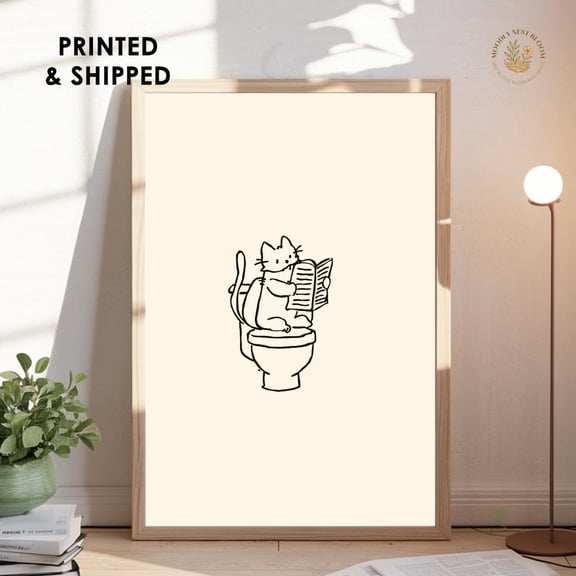 Minimalist Cat Bathroom Wall Art, Funny Line Drawing Print, Toilet Humor Decor Unframed Paper Print