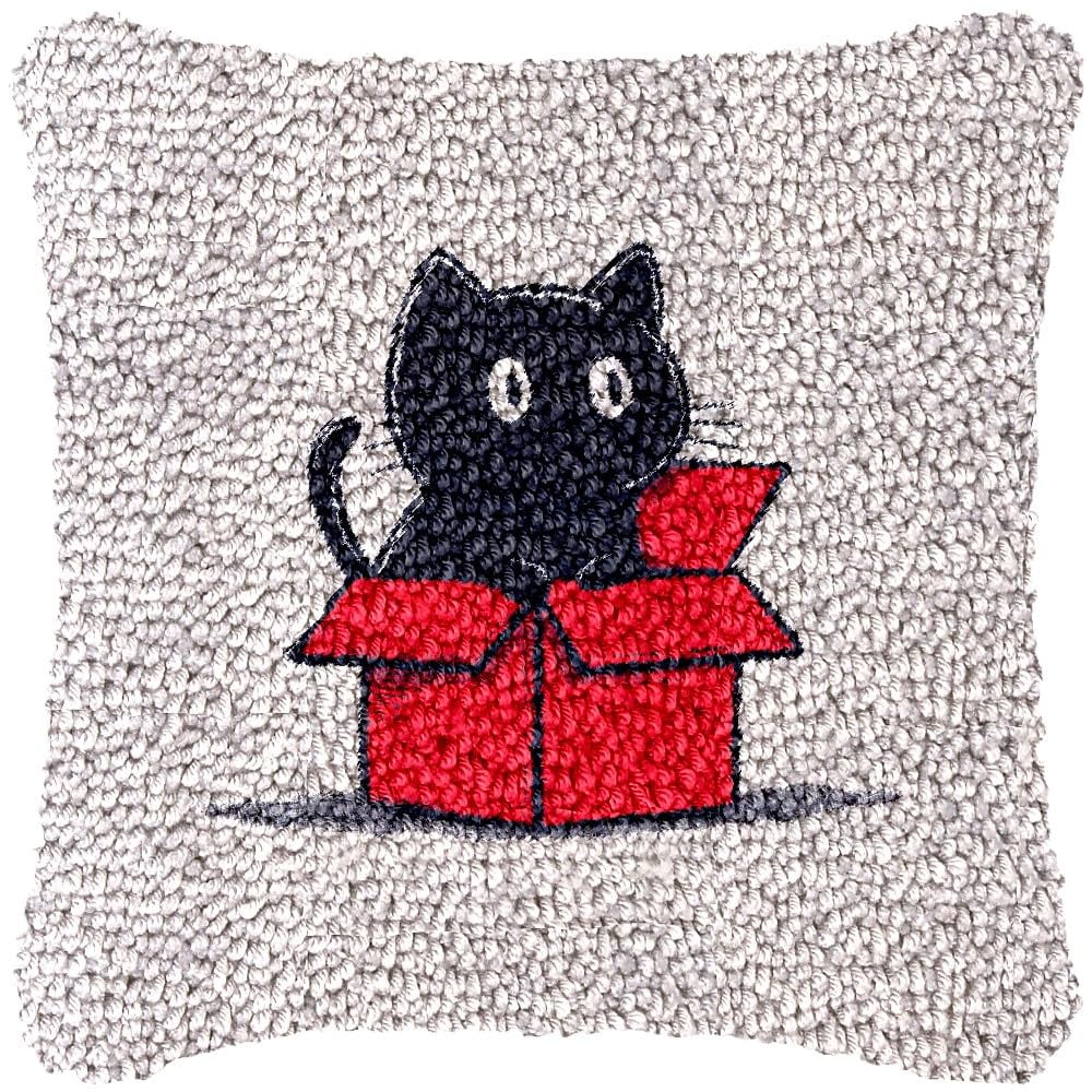 Minimalist Cat in Box Latch Hook Pillow Kits DIY Pillowcase Cushtion Cover Crochet Hooking Pillow Making Kits with Color Pattern Canvas Crochet Hooking Kits Pillow 43x43cm(j38)