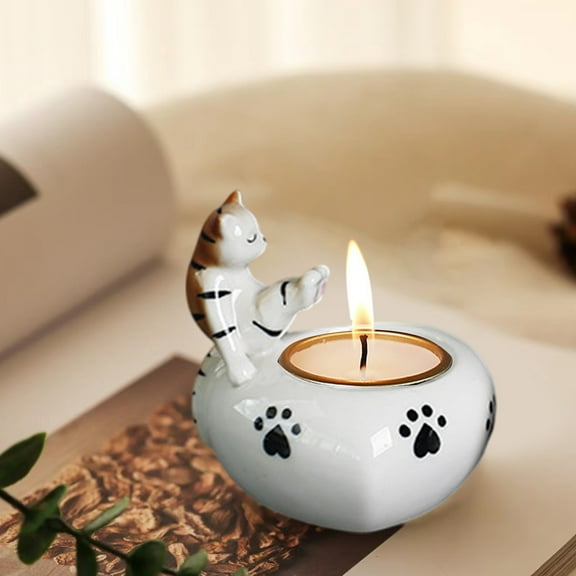 Minimalist Cat Candle Stand - Holiday Couple Ornament & Home Fragrance Diffuser Base, Ceramic Gift for Pet Lovers (250g)‌