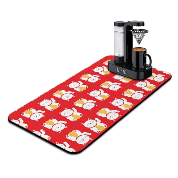 Minimalist Cat Design Coffee Station Mat - Floral Cat Design Absorbent Pad for Coffee Bars & Offices
