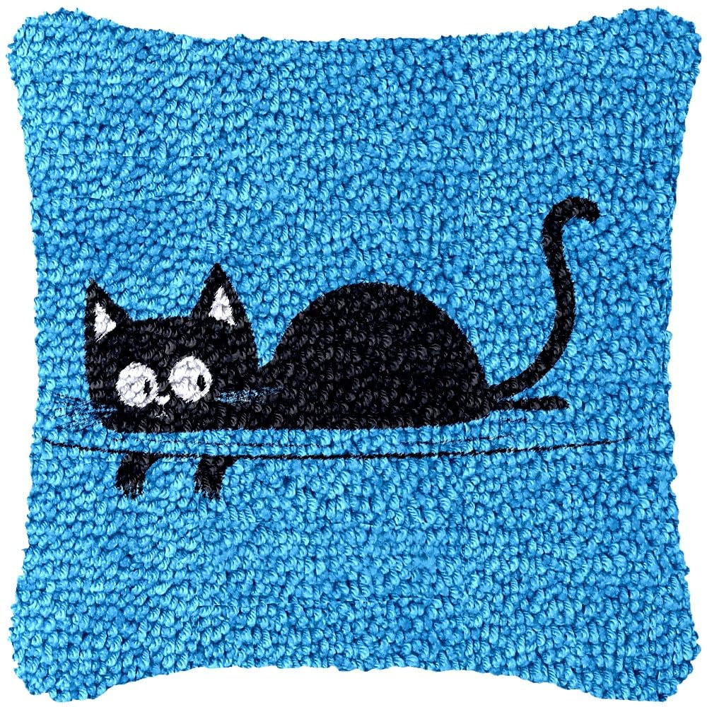Minimalist Cat Latch Hook Pillow Kits DIY Pillowcase Cushtion Cover Crochet Hooking Pillow Making Kits with Color Pattern Canvas Crochet Hooking Kits Pillow 43x43cm(j34)