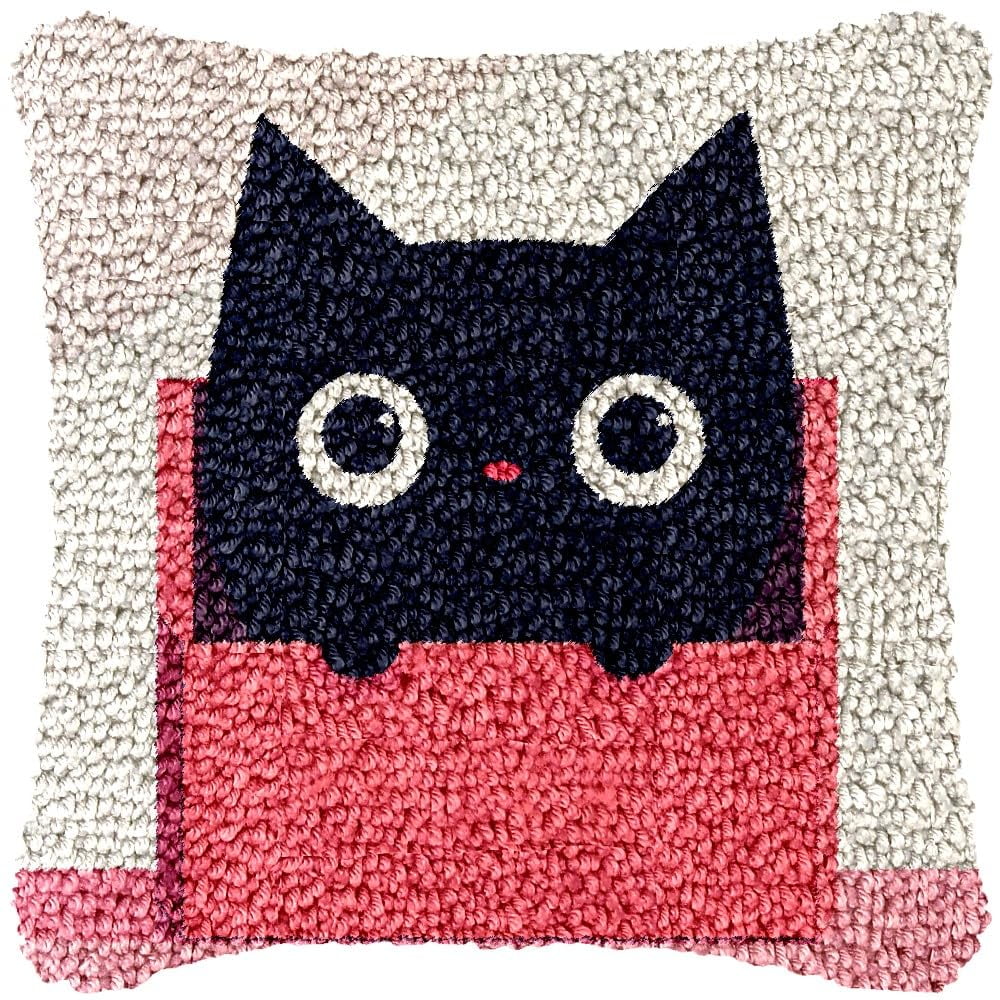 Minimalist Cat Latch Hook Pillow Kits DIY Pillowcase Cushtion Cover Crochet Hooking Pillow Making Kits with Color Pattern Canvas Crochet Hooking Kits Pillow 43x43cm(j49)