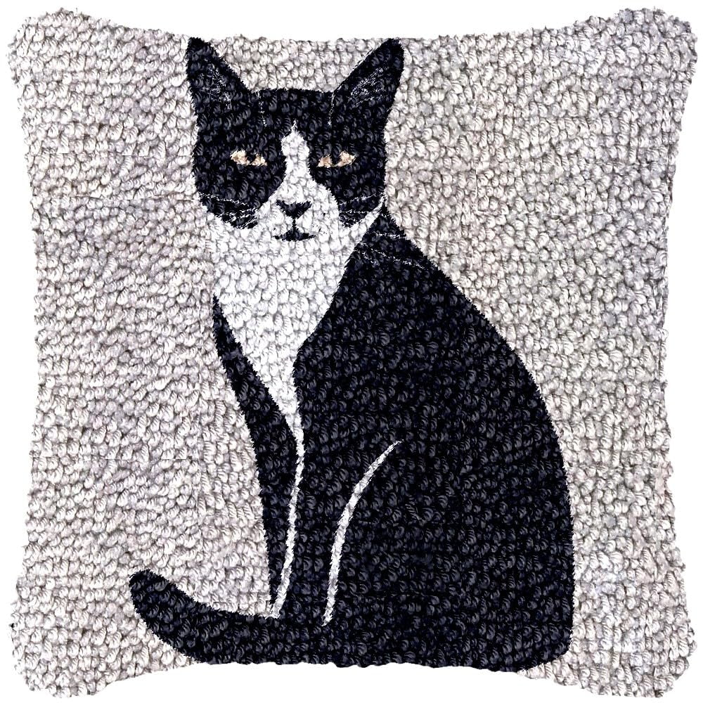 Minimalist Cat Latch Hook Pillow Kits DIY Pillowcase Cushtion Cover Crochet Hooking Pillow Making Kits with Color Pattern Canvas Crochet Hooking Kits Pillow 43x43cm(j39)