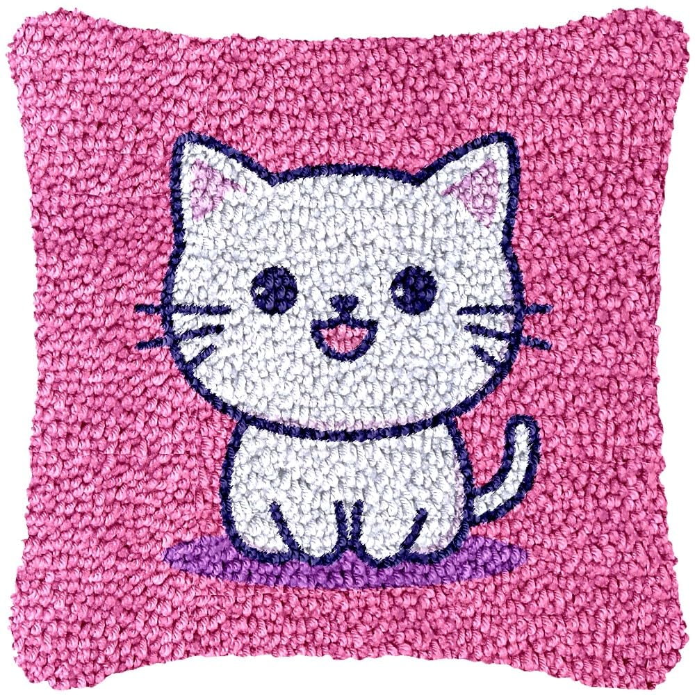 Minimalist Cat Latch Hook Pillow Kits DIY Pillowcase Cushtion Cover Crochet Hooking Pillow Making Kits with Color Pattern Canvas Crochet Hooking Kits Pillow 43x43cm(j32)