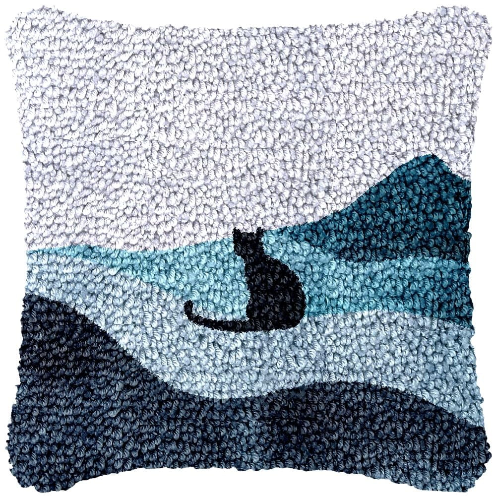 Minimalist Cat Latch Hook Pillow Kits DIY Pillowcase Cushtion Cover Crochet Hooking Pillow Making Kits with Color Pattern Canvas Crochet Hooking Kits Pillow 43x43cm(j42)