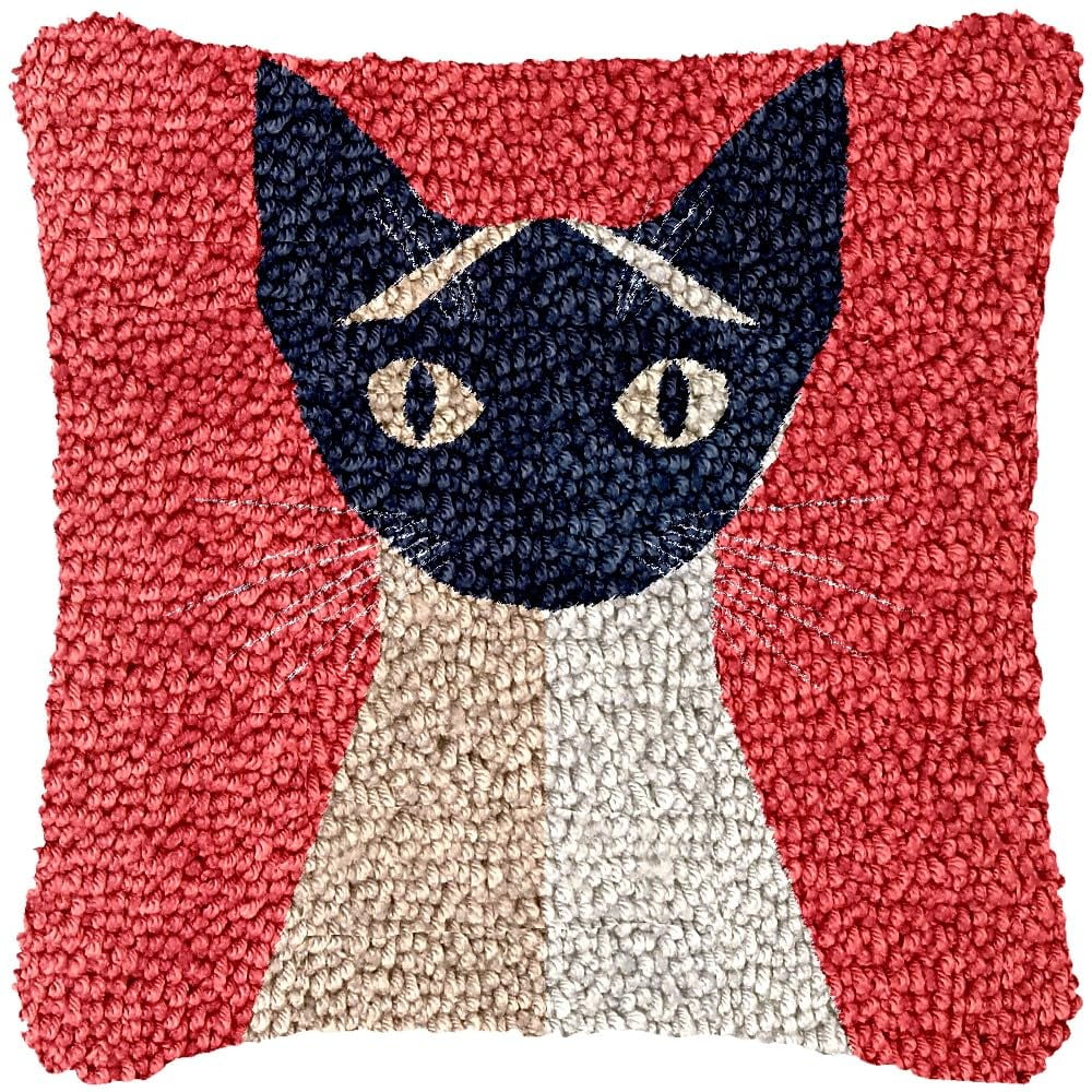 Minimalist Cat Latch Hook Pillow Kits DIY Pillowcase Cushtion Cover Crochet Hooking Pillow Making Kits with Color Pattern Canvas Crochet Hooking Kits Pillow 43x43cm(j47)