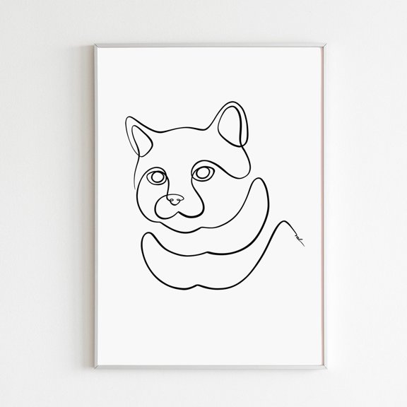 Minimalist Cat Line Art Print Modern Feline Minimal Illustration Decor, Unframed Canvas 8x10in
