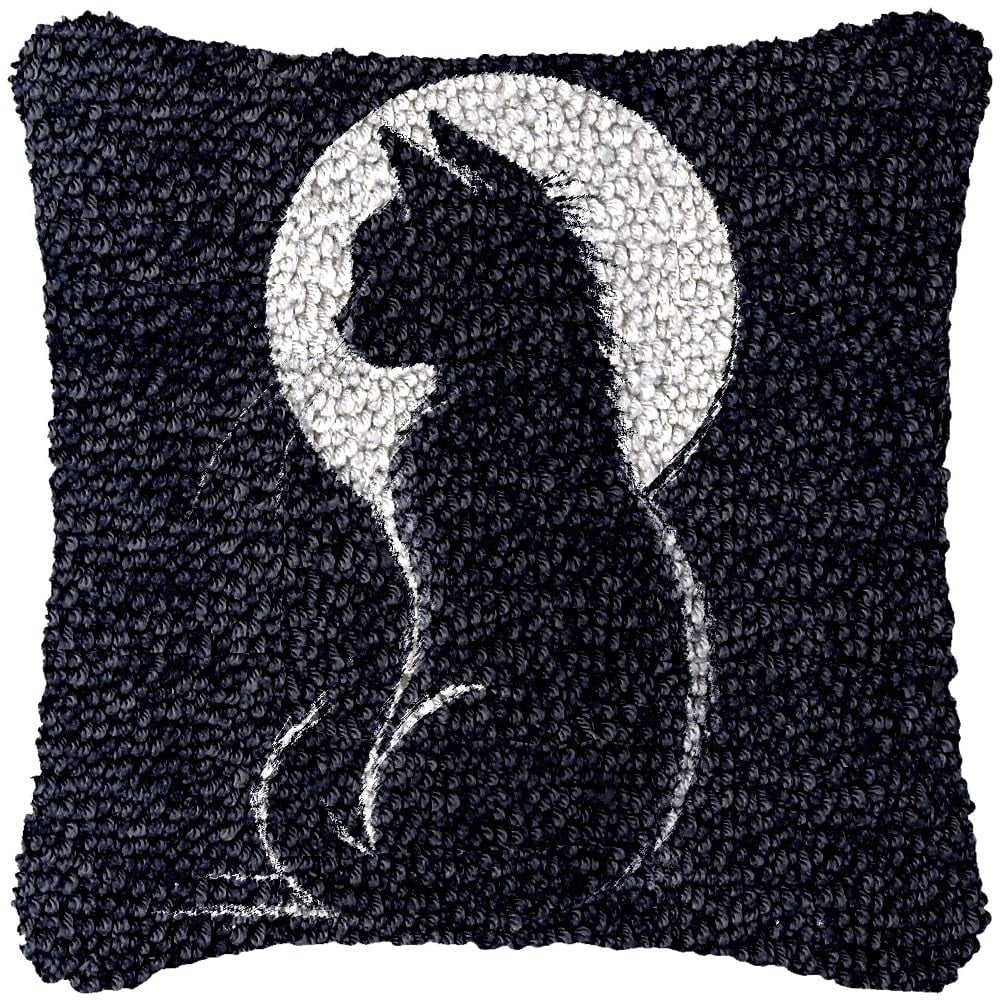 Minimalist Cat & Moon Latch Hook Pillow Kits DIY Pillowcase Cushtion Cover Crochet Hooking Pillow Making Kits with Color Pattern Canvas Crochet Hooking Kits Pillow 43x43cm(j45)