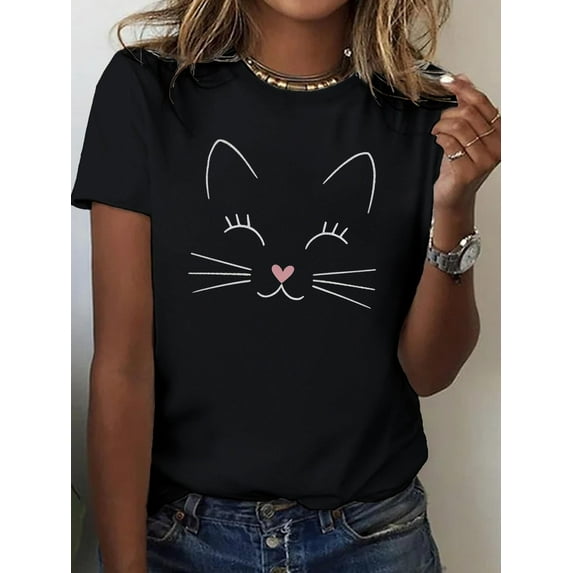 Minimalist Cat Pattern Pure Cotton Women's Tshirt Comfort Fit for Spring & Summer, Women's Clothing Cotton Tee For Adult, Men, Women, Teen, Teenager, Adolescent, Youth