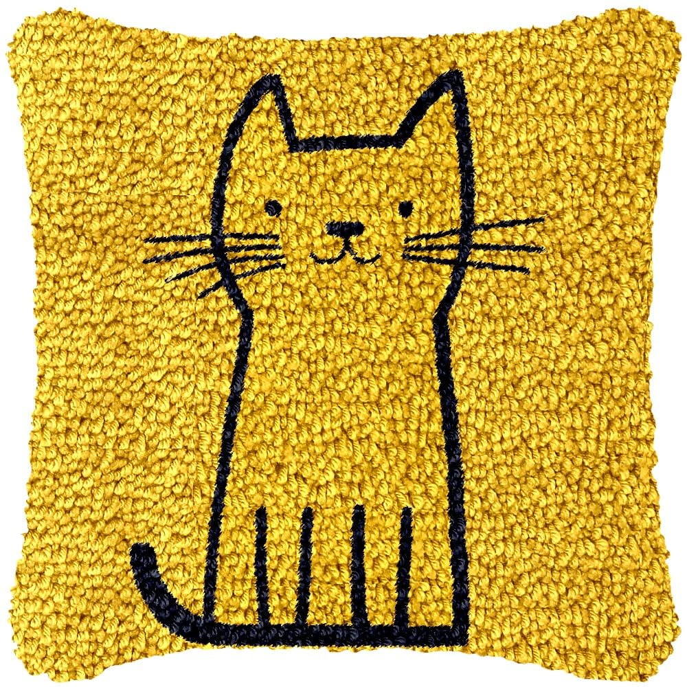 Minimalist Cat Sketching Latch Hook Pillow Kits DIY Pillowcase Cushtion Cover Crochet Hooking Pillow Making Kits with Color Pattern Canvas Crochet Hooking Kits Pillow 43x43cm(j25)