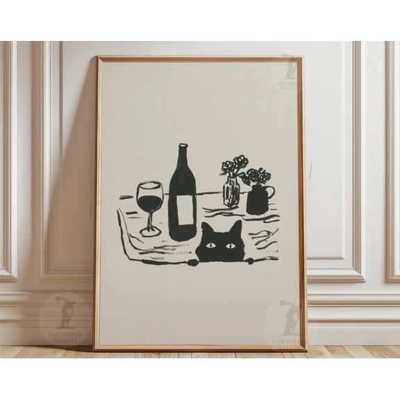 Minimalist Cat Wine Black Ink Still Life Wall Art Print, Unframed Paper Poster 8x10in