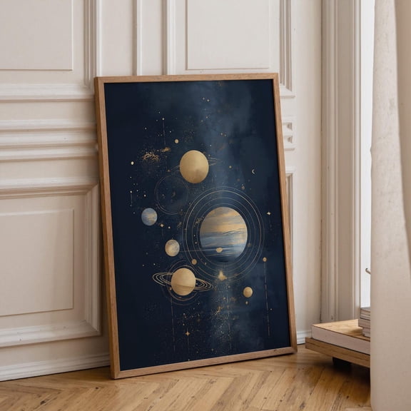 Minimalist Celestial Gold Solar System Modern Space Bedroom Office Graphic Poster Unframed Paper Print