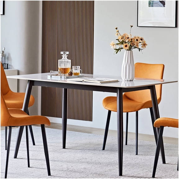 Minimalist Ceramic Top Dining Table with Iron Legs, White and Black 63 Inch Kitchen Table
