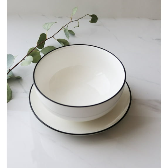 Minimalist Large White Ceramic Bowl – 7" Small Set of 4 Modern Deep Serving Bowl with Black Rim | Dishwasher & Microwave Safe | Marcel Ardani