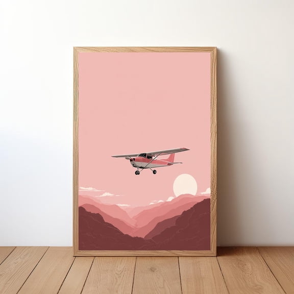 Minimalist Cessna Plane Modern Aviation Small Aircraft in Sky Simple Pilot Clean Flight Illustration, Unframed Canvas