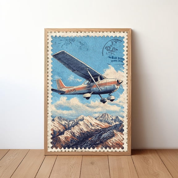 Minimalist Cessna Plane Modern Aviation Small Aircraft in Sky Simple Pilot Clean Flight Illustration, Unframed Poster