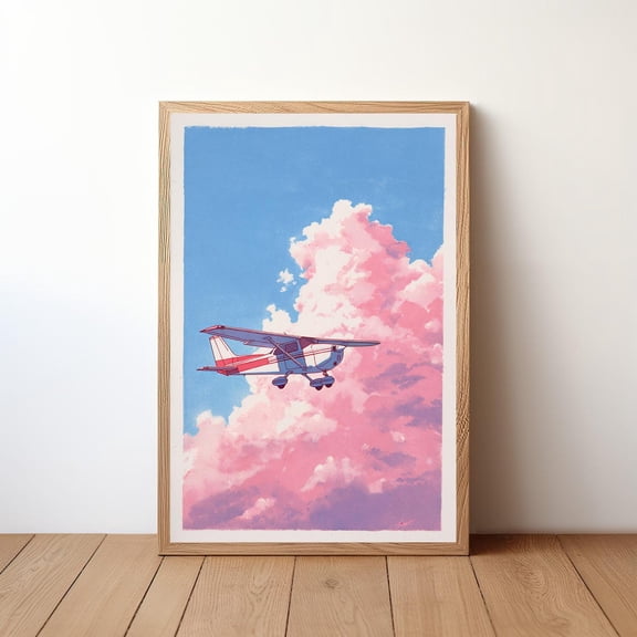 Minimalist Cessna Plane Modern Aviation Small Aircraft in Sky Simple Pilot Clean Flight Illustration, Unframed Poster