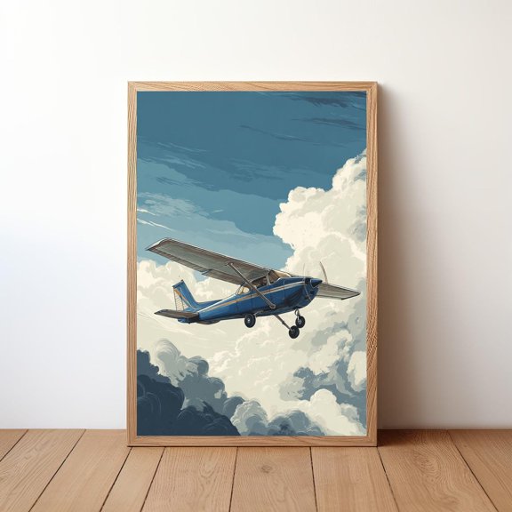 Minimalist Cessna Plane Modern Aviation Small Aircraft in Sky Simple Pilot Decor Clean Flight Illustration AVI27, Unframed Poster