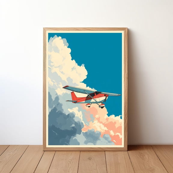 Minimalist Cessna Plane Modern Aviation Small Aircraft in Sky Simple Pilot Decor Clean Flight Illustration Fourth Version, Unframed Poster
