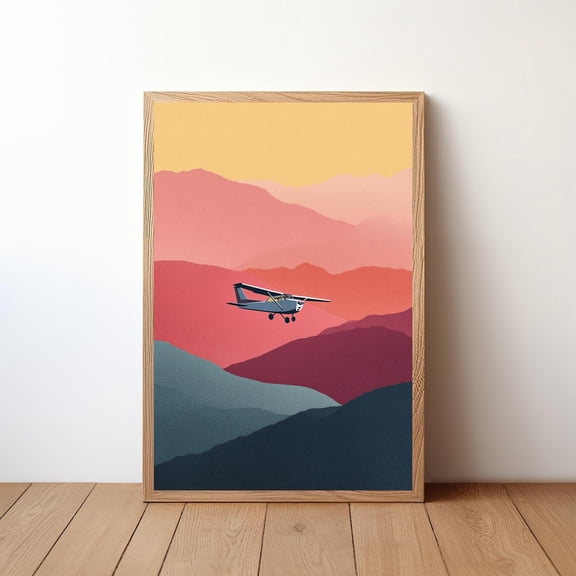 Minimalist Cessna Plane Modern Aviation Small Aircraft in Sky Simple Pilot Decor Clean Flight Illustration Third Version, Unframed Poster