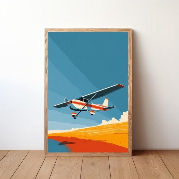 Minimalist Cessna Plane Modern Aviation Small Aircraft in Sky Simple Pilot Decor Clean Flight Illustration Third Version, Unframed Poster