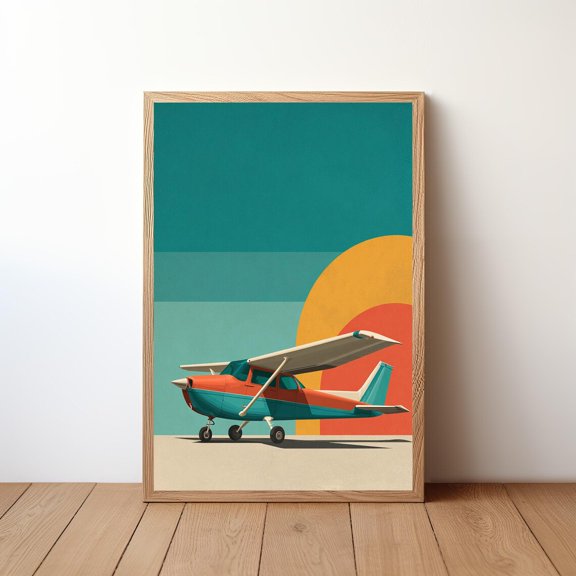 Minimalist Cessna Plane Modern Aviation Wall Art Small Aircraft in Sky Simple Pilot Decor Clean Flight Illustration AVI29, Unframed Poster