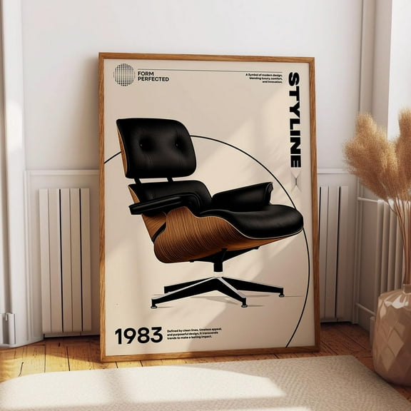 Minimalist Chair Wall Art - Eames Lounge Chair Exhibition Poster – Mid-Century Black Leather Chair Print Wall Art, Modern Wall Decor, 8x12 UNFRAMED