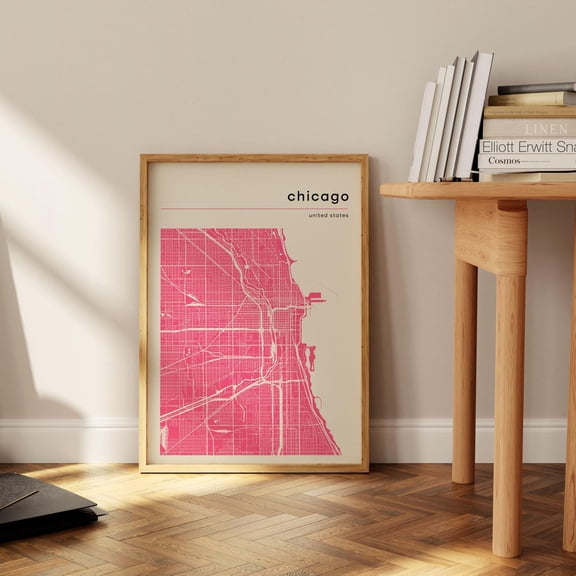Minimalist Chicago Map Pink Cityscape Poster Unframed Paper Print