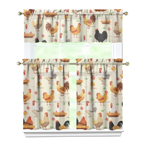 Minimalist Chicken & Geometric Print Kitchen Curtains - 3-Piece Set with Valance, Modern Farmhouse Window Treatment Panels
