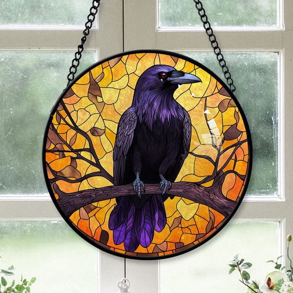 Minimalist Christmas Gift - Crow on a Branch Christmas Stained Glass Hanging Ornament - Refined Holiday Tree Decor, Meaningful Gift for Family & Friends, 2025 Edition