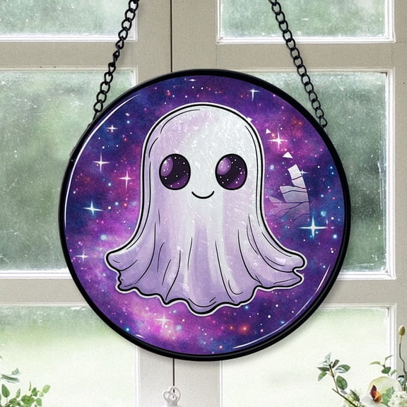 Minimalist Christmas Gift - Halloween White Star Ghost Purple Starry Sky Spookys Xmas Stained Glass Hanging Ornament - Joyful Holiday Tree Decoration, Great Gift for Mom, Dad, Kids, Friends