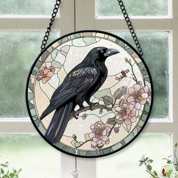 Minimalist Christmas Gift - Raven Botanical Painting Bird Stained Glass Hanging Ornament - Farmhouse Christmas Tree Decor, Gift for Dad, Mom, Friends, Family Keepsake 2025
