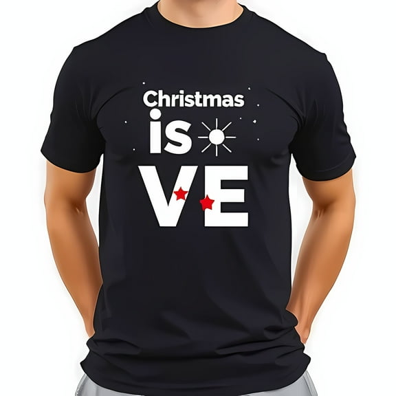 Minimalist Christmas T-Shirt - Dark Navy Blue Short Sleeve with "Christmas is VE" Design and Stars - Casual Holiday Wear
