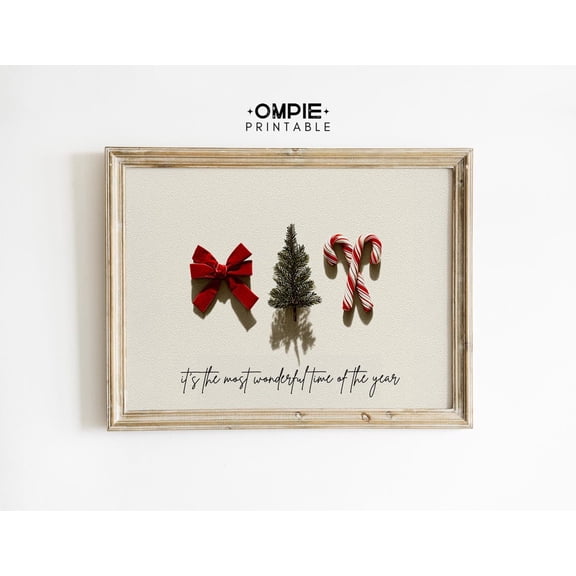 Minimalist Christmas Wall Art Holiday Candy Cane Bow Tree Decor Modern Festive Quote Print It'S The Most Wonderful Time