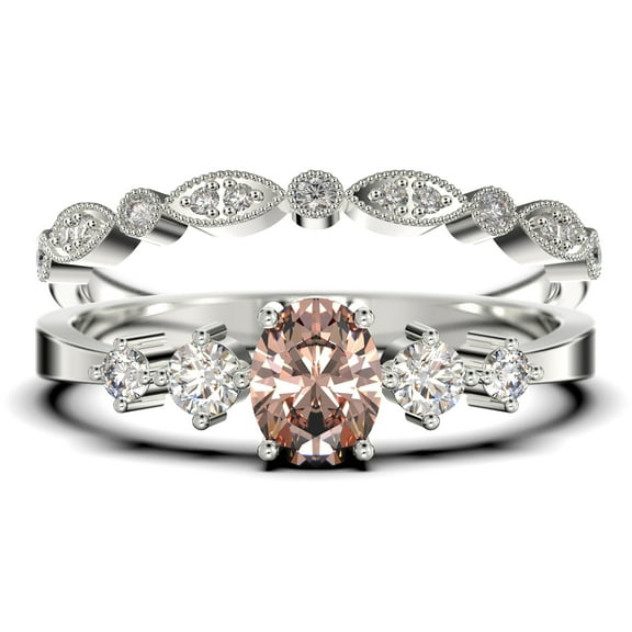 Minimalist Classic 1.15 Carat Oval Cut Morganite And Diamond Moissanite Engagement Ring, Fairy And Dainty Ring, Wedding Ring in 10k Solid White Gold, Gift For Woman, Promise Ring, Bridal Rings Set