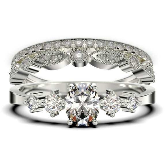 Minimalist Classic 1.65 Carat Oval Cut Diamond Moissanite Engagement Ring, Fairy And Dainty Ring, Wedding Ring in 10k Solid White Gold, Gift For Woman, Promise Ring, Trio Rings Set