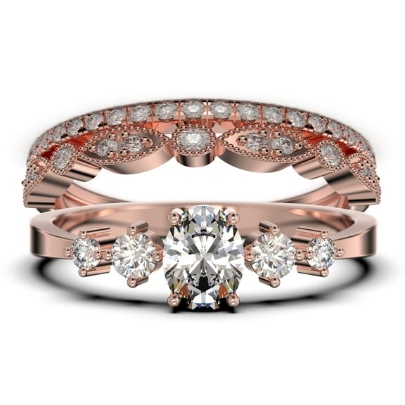 Minimalist Classic 1.65 Carat Oval Cut Diamond Moissanite Engagement Ring, Wedding Ring in 925 Sterling Silver With 18k Rose Gold Plating, Gift, Promise Ring, Trio Rings Set
