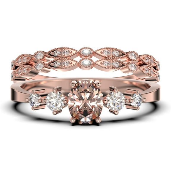 Minimalist Classic 1.65 Carat Oval Cut Morganite And Diamond Moissanite Engagement Ring, Fairy And Dainty Ring, Wedding Ring in 10k Solid Rose Gold, Gift For Woman, Promise Ring, Trio Rings Set