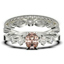 Minimalist Classic 1.65 Carat Oval Cut Morganite And Diamond Moissanite Engagement Ring, Fairy And Dainty Ring, Wedding Ring in 10k Solid White Gold, Gift For Woman, Promise Ring, Trio Rings Set