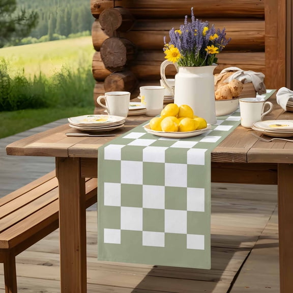 Minimalist Classic Buffalo Checker Plaid Table Runner 60 Inch Long Sage Green White Lattice Table Runners Linen Burlap Tablerunner for Kitchen Dining Room Holiday Party