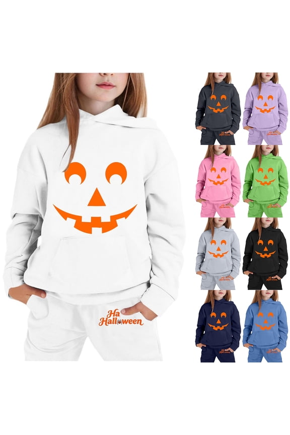 Minimalist Classic Jack-o-Lantern Face Kids Halloween Tracksuit, 2Pcs Stretch Polyester Hoodie Jogger Set for Toddler & School-Age Kids(Green140)
