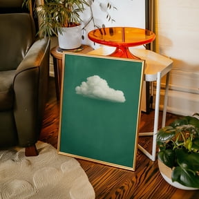 Minimalist Cloud Poster Art – Single White Puffy Cloud On Green Sky Background – Tranquil Modern Wall Decor For Calm Neutral Interiors, Art Print, Vintage Poster, Unfreamed 8x10